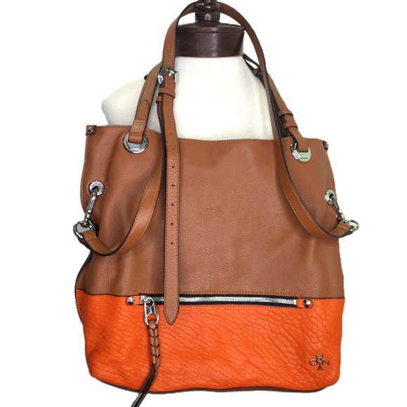 Cognac Pebbled Leather Purse Colorblock Crossbody Bag Silver Accents Handles - Picture 1 of 12